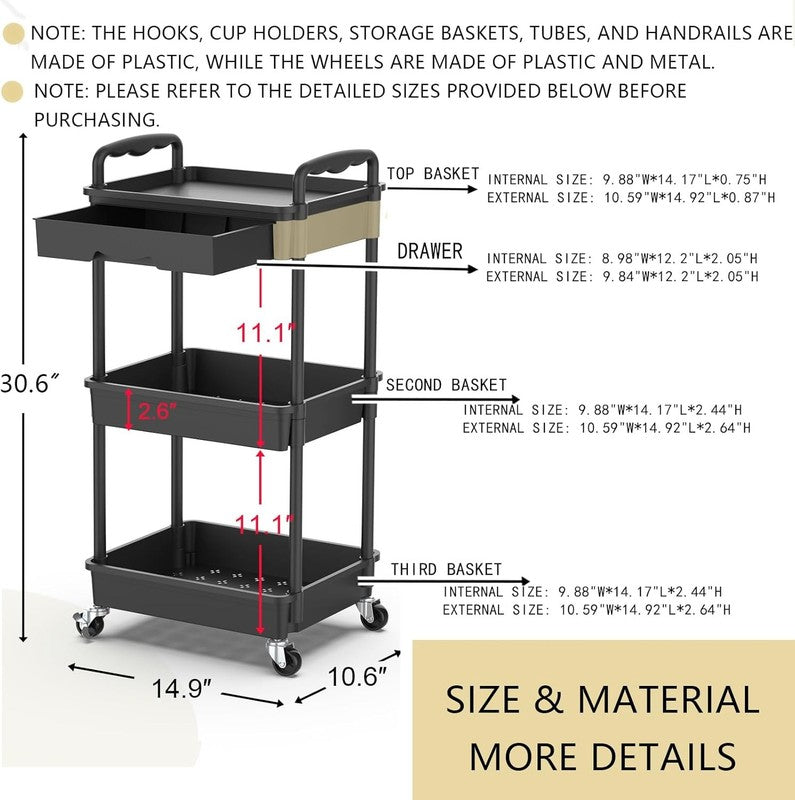 3-Tier Rolling Utility Cart with Drawer, Black Storage Cart with Wheels7