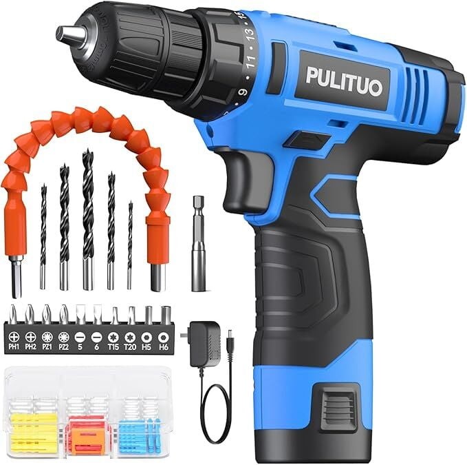 12V Cordless Drill Set 21+1 Torque LED 3/8" Keyless Chuck Battery & Charger Blue6