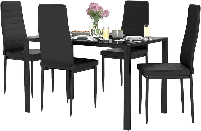 5 Piece Glass Dining Table Black 4 Chairs Upholstered Faux Leather Easy Assembly11