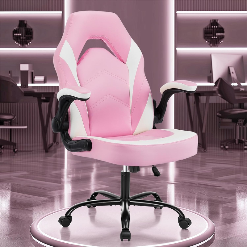 Big & Tall Gaming Office Chair PU Leather Swivel Flip Up Arms Lumbar Pink10