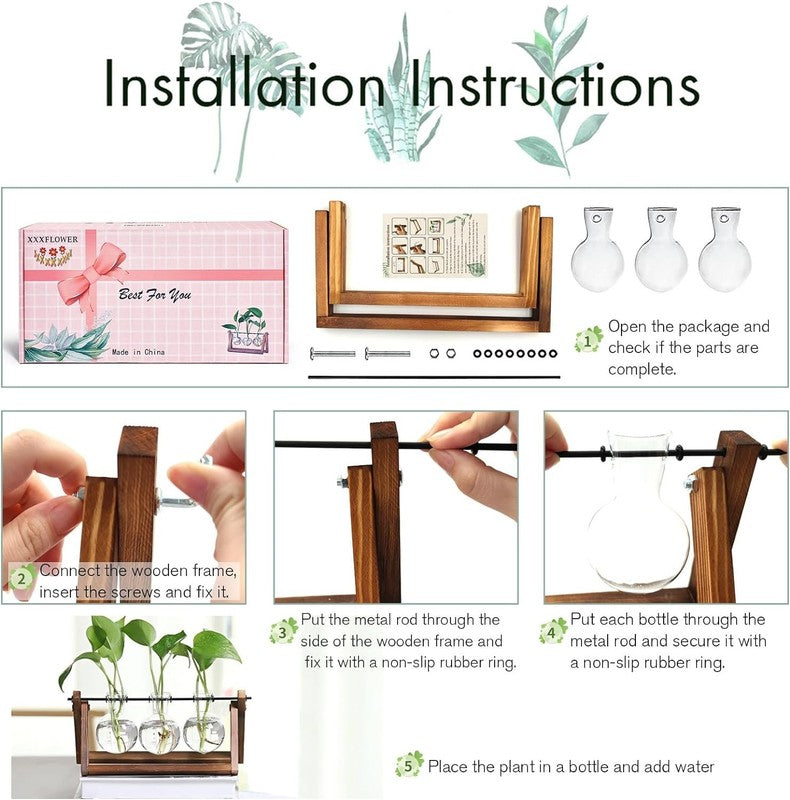 Plant Terrarium with Wooden Stand, Air Planter Bulb Glass Vase Metal Swivel Hold2