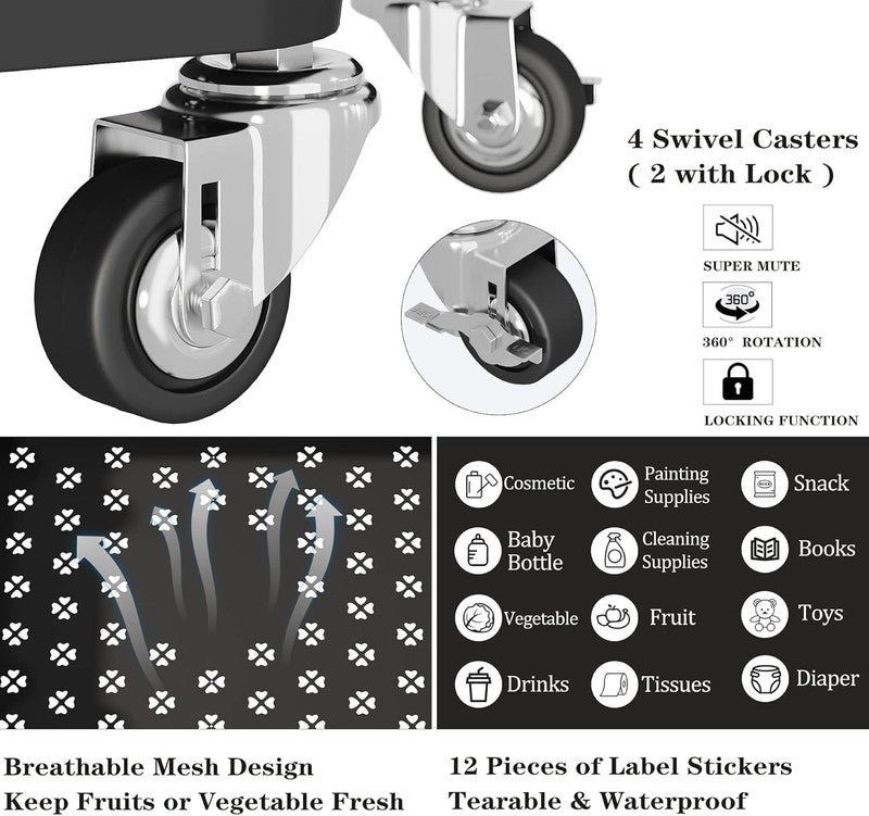 3-Tier Rolling Utility Cart with Labels, Handle & Wheels, Black Storage Rack6