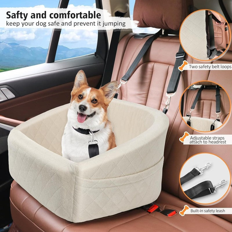 Dog Car Seat Small/Medium Dogs under 30lbs Washable Booster w/ Pockets White3