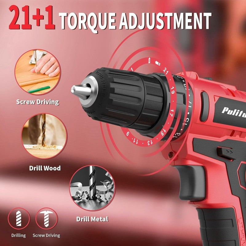 20V Cordless Drill Driver Kit 30Nm 21+1 Torque 2-Speed LED 2 Batteries Red6