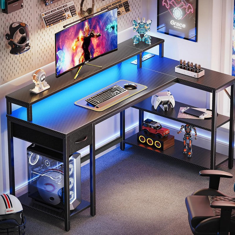 53'' Reversible L Shaped Gaming Desk LED Lights Power Outlets Carbon Black1
