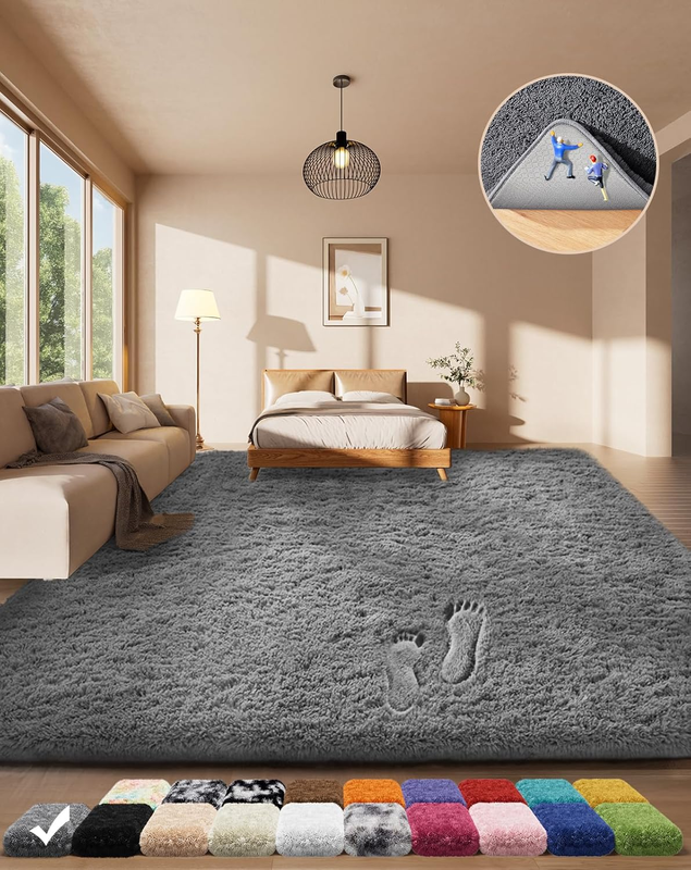 Area Rugs for Living Room Bedroom, Upgrade Non-Slip Fluffy Soft Grey Shag Carpet7