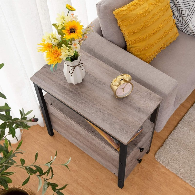 End Table Narrow Chairside Table with Drawer & Shelf Greige Black5