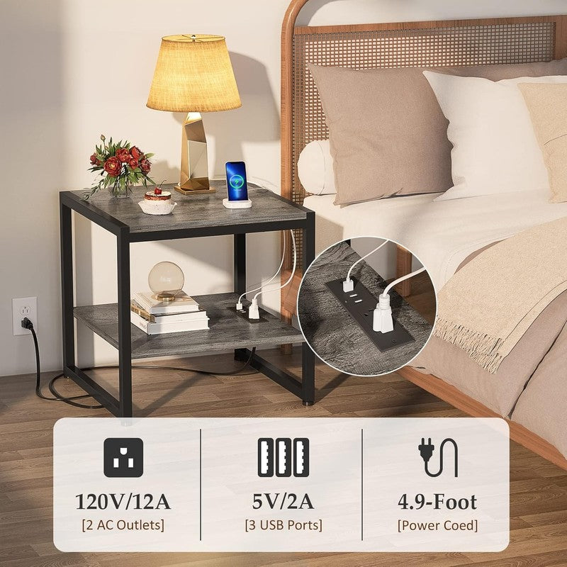 End Table with Charging Station 2 Tier Shelf Mini Fridge Stand Black Oak3