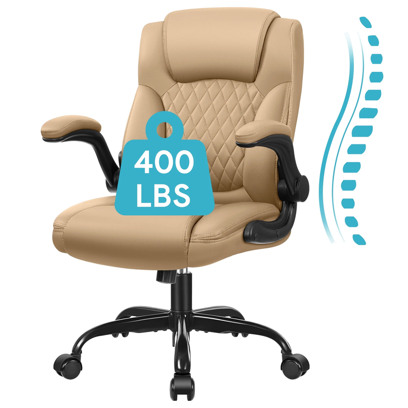 High Back Leather Office Chair Wide Seat Lumbar Support Tan10