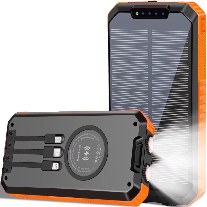 49800mAh Solar Power Bank – Portable Charger with 3 Cables, Wireless & Flashligh8