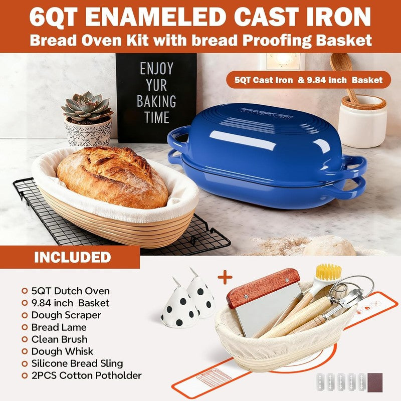 5QT Cast Iron Dutch Oven Bread Kit w/ Banneton Lame Blue2