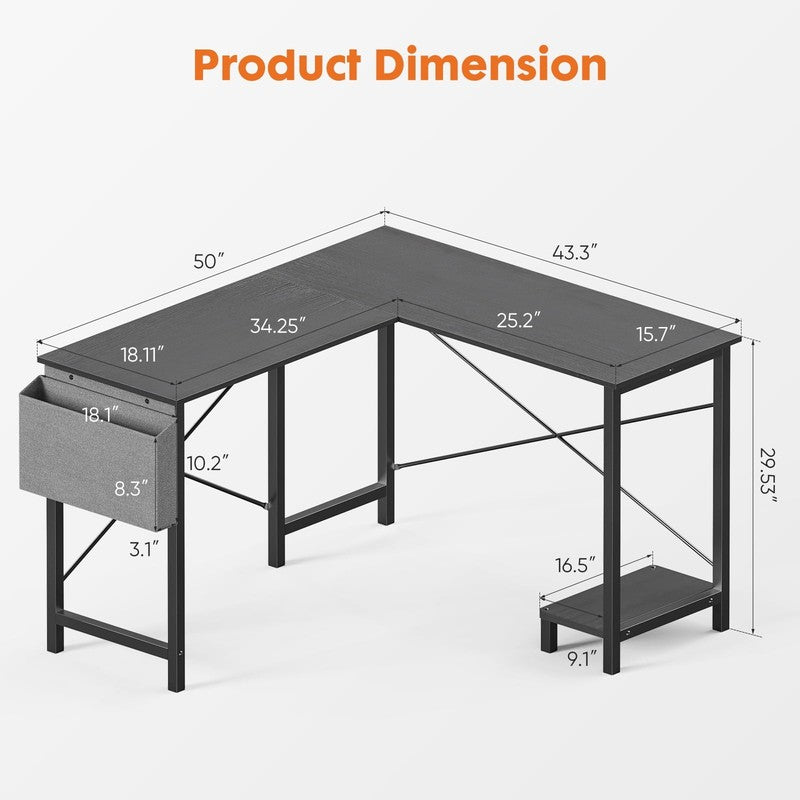 49" Modern L Shaped Computer Desk w/ Storage Shelf & Side Bag Gray6
