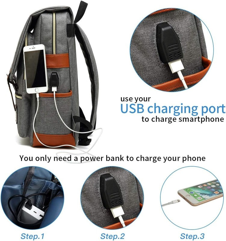 Vintage Laptop Backpack USB Charging Slim 15.6" Travel College Grey2