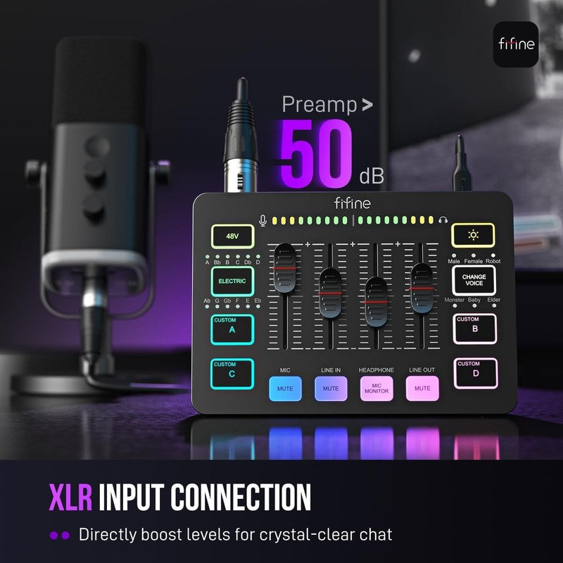 Gaming Audio Mixer RGB PC Mixer w/ XLR Mic Phantom Power Mute SC31