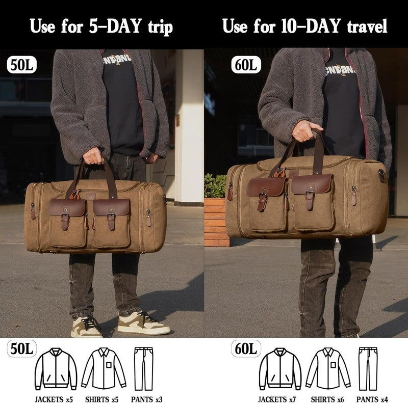 50L Canvas Travel Duffle Bag Expandable Leather Overnight Carry On Coffee5