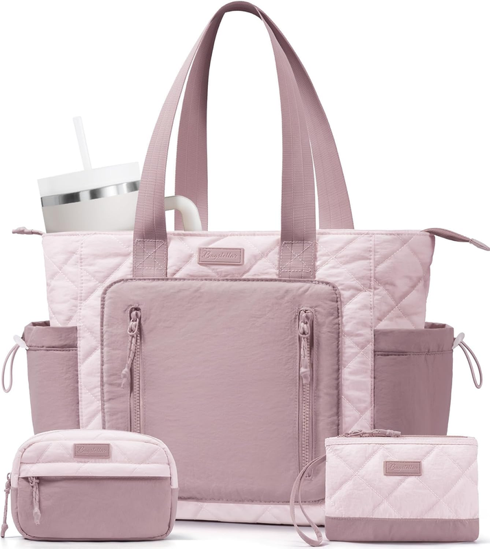 Women’s Puffer Tote Bag Lightweight Quilted Shoulder Handbag Work Laptop Pink9