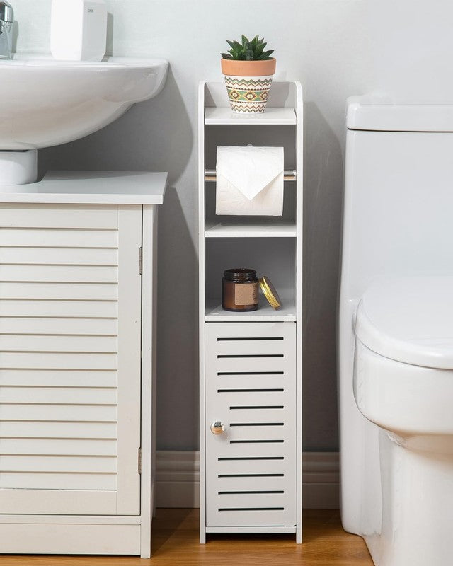 No Drill Toilet Paper Holder Stand Small Bathroom Storage Cabinet PVC1