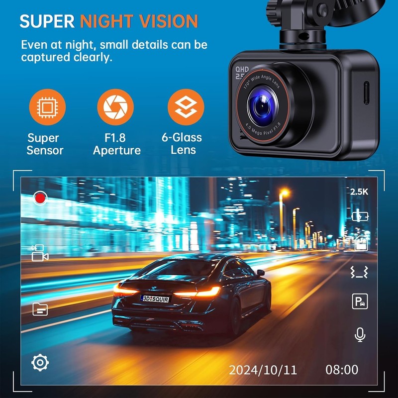 2.5K Dual Dash Cam with Night Vision, 32GB Card, G Sensor, 24 Hour Monitor3