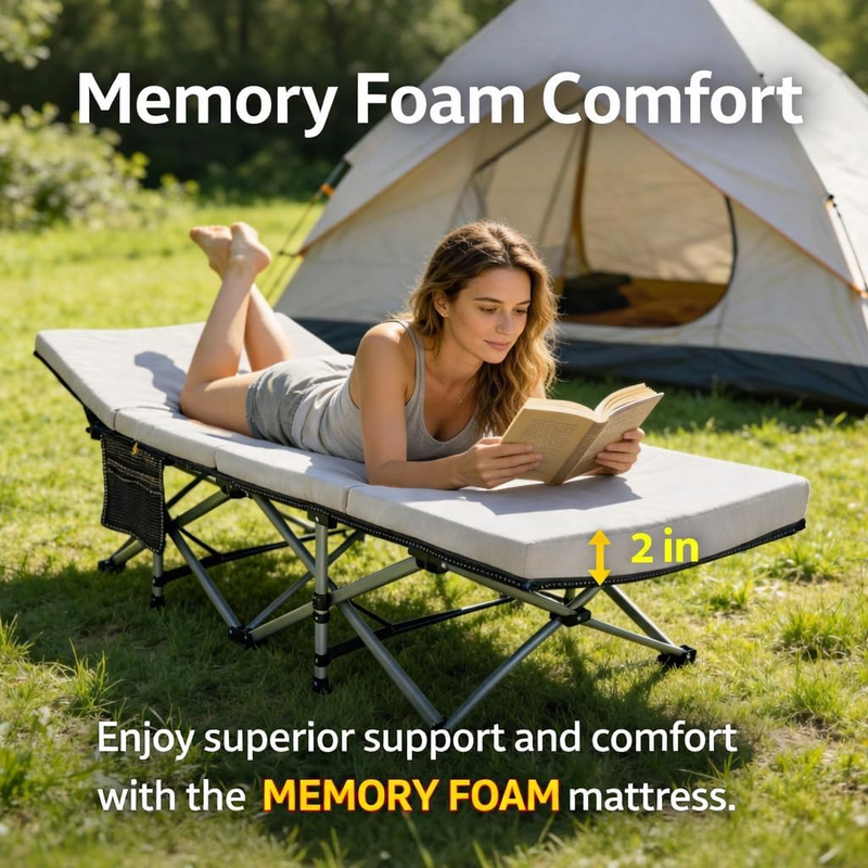 Camping Cot w/ 2" Memory Foam Mattress 900LBS Heavy Duty Extra Wide 1200D1