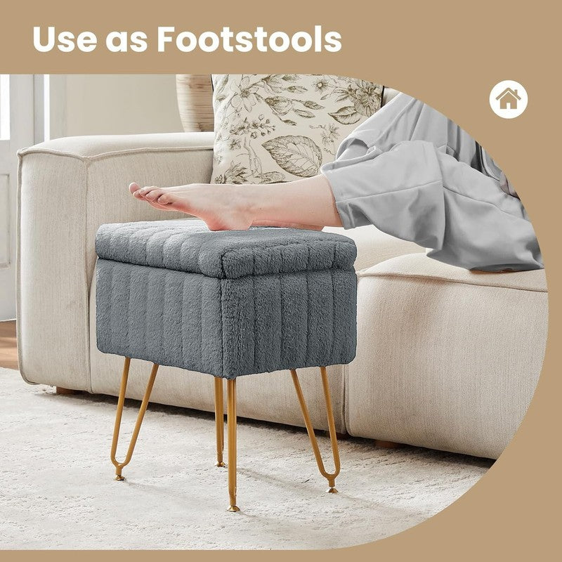 Vanity Stool Ottoman with Storage Faux Fur Seat Footrest Chair 4 Metal Legs Gray4