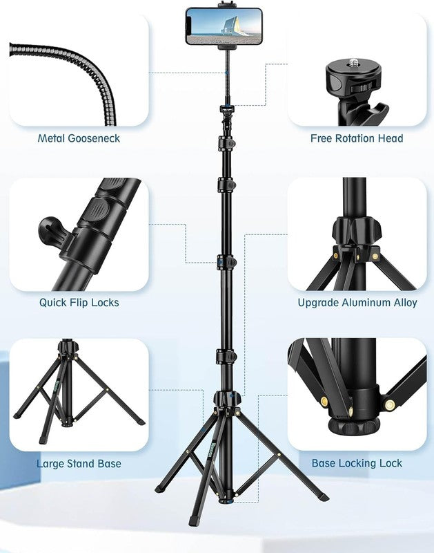 85'' Cell Phone Tripod w/ Gooseneck, Remote, Aluminum Stand Phone Android7