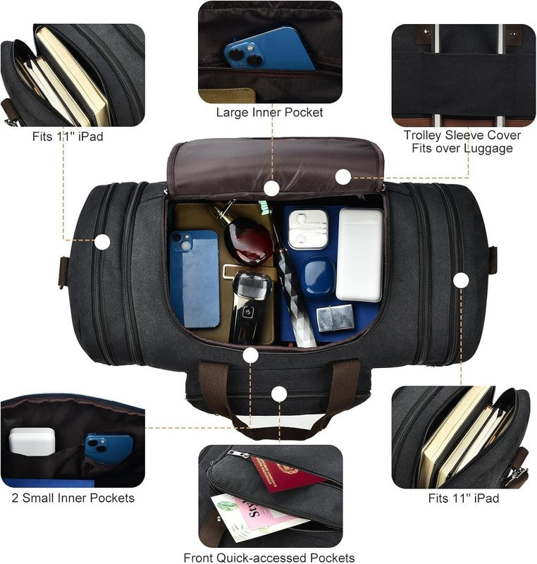 50L Canvas Duffle Bag Travel Gym Overnight Carry On Luggage Black3