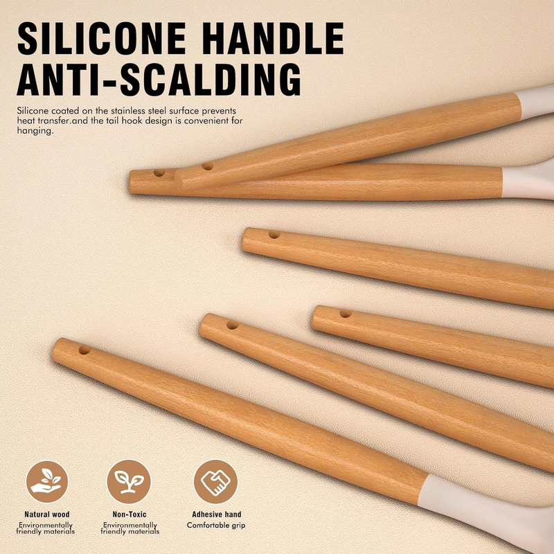 Silicone Kitchen Utensil Set Wooden Handle Holder Heat Resistant Khaki3