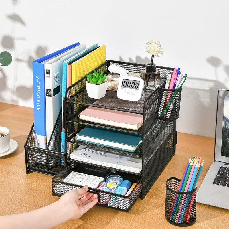 5-Tier Desk Organizer with Drawer & Pen Holders - Black Mesh Storage Solution4