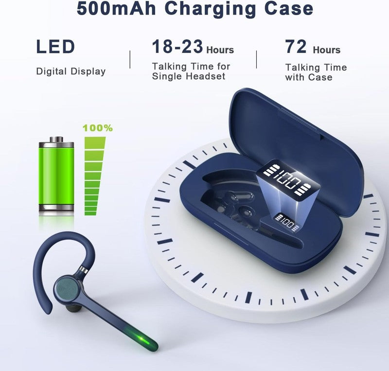 Bluetooth Headset V5.1 Wireless Earpiece 72H Talk 500mAh Case Hands Free Blue5
