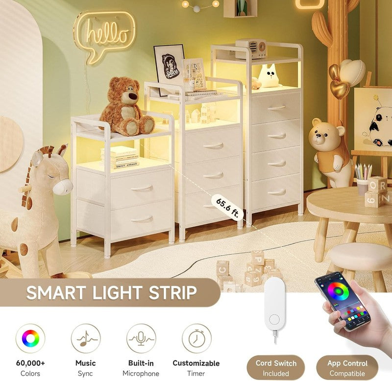 White Nightstand w/ Charging Station LED Light 2 Fabric Drawers USB & AC Outlets3