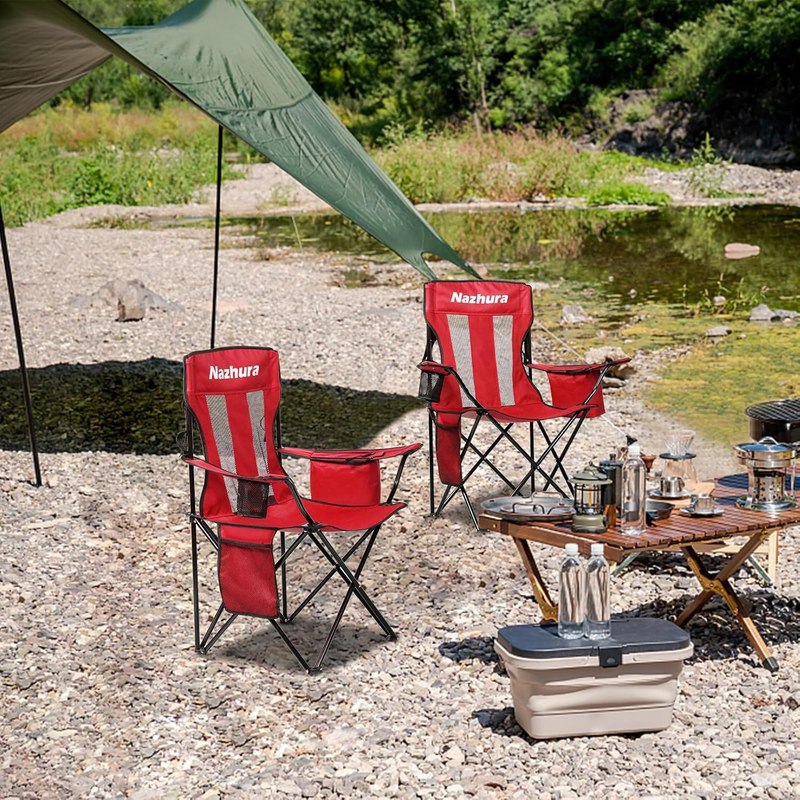 2 Pack Camping Chairs Folding Portable Cooler Bag Mesh Backrest Red4