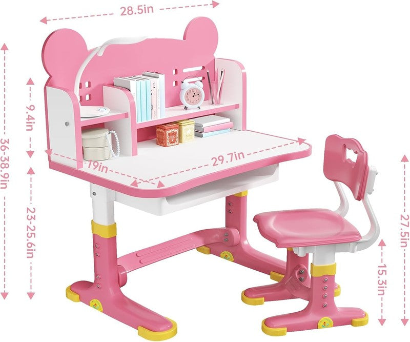 Kids Desk & Chair Set Height Adjustable Study Table w Drawer Bookstand Pink1