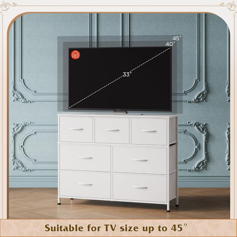 7 Drawer Dresser TV Stand White Fabric Storage Chest Wood Top Steel Frame5