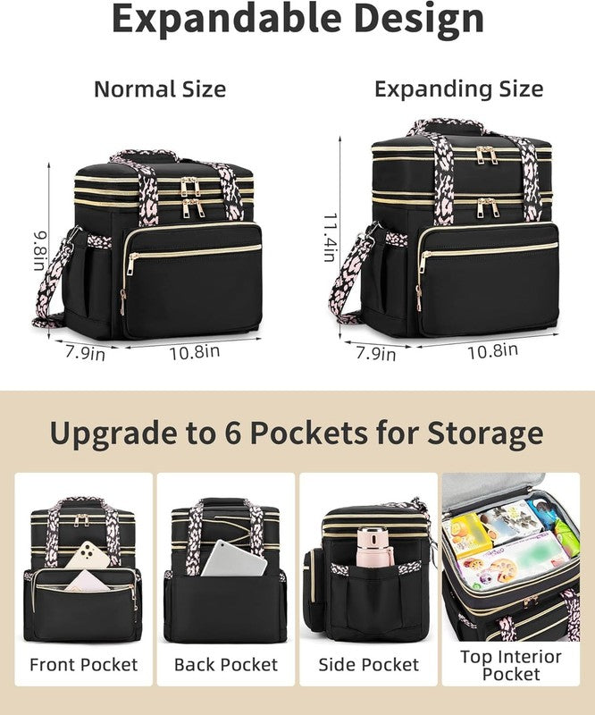 Double Deck Expandable Insulated Lunch Bag Black Women1
