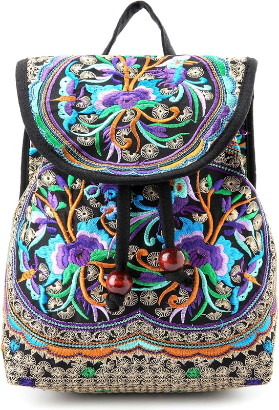 Women Embroidered Backpack Boho Floral Mini Travel Shoulder Bag Purple7