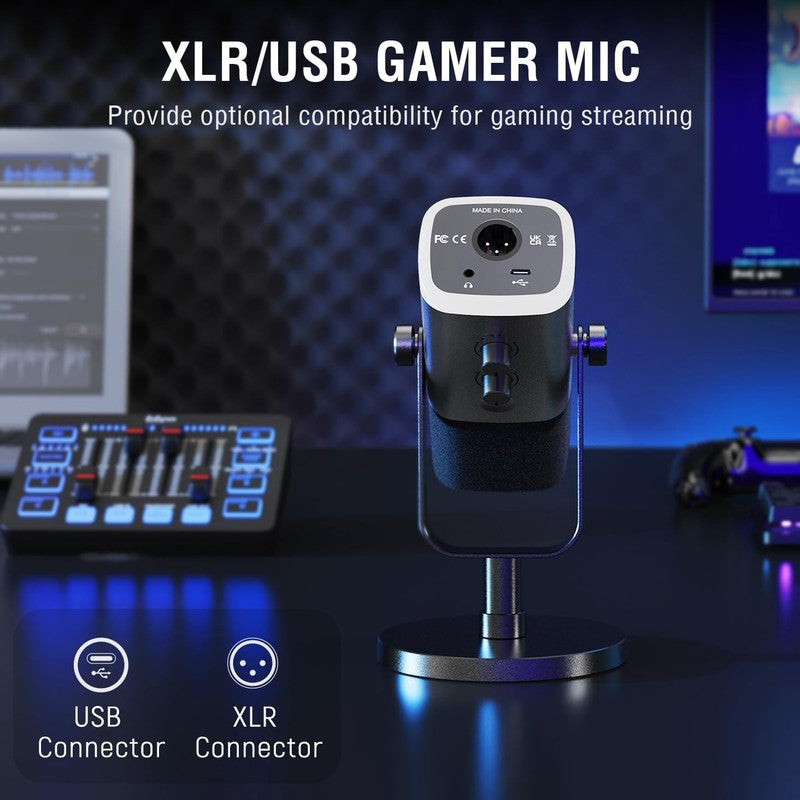 Gaming Mic & Audio Mixer Bundle USB/XLR RGB Streaming Set w/ Fader KS55