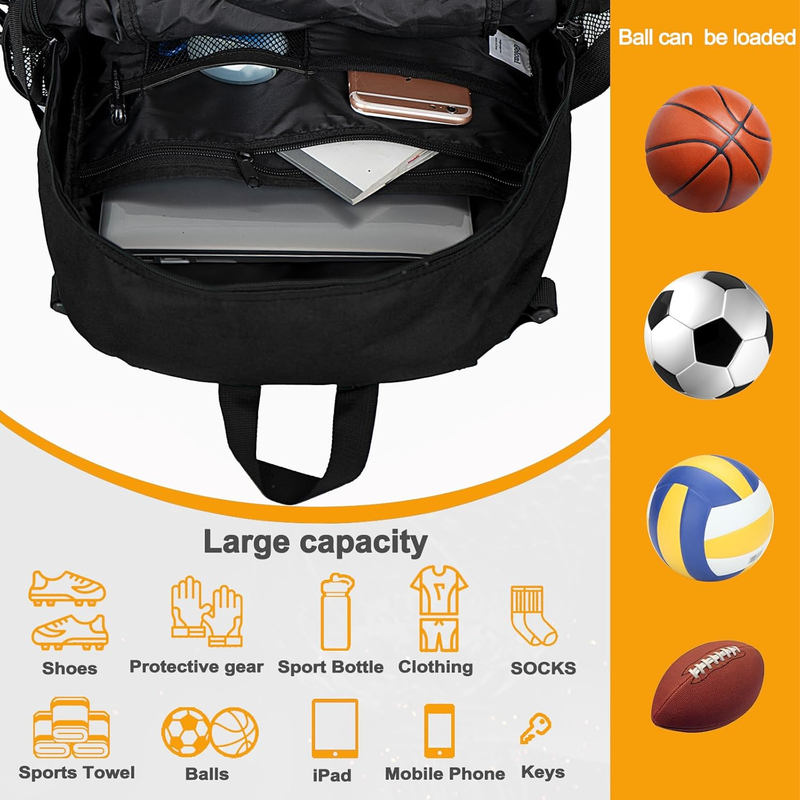 Soccer Basketball Backpack w/ Ball & Shoe Compartment Sports Travel Bag3