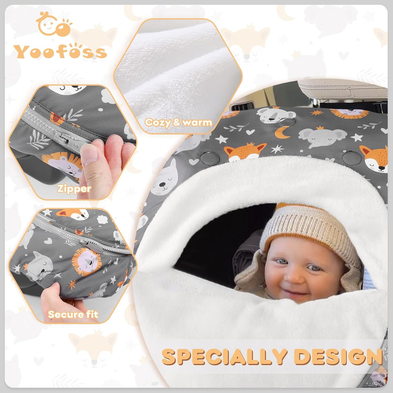 Winter Baby Car Seat Cover, Plush Fleece Canopy for Infants, Fox2