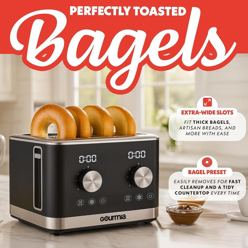 4-Slice Toaster Black Dual Controls Bagel Defrost Reheat 6 Browning Levels6