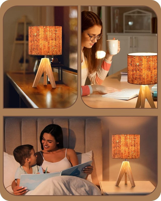 Small Table Lamp Wooden Tripod Bedside Lamp Linen Shade E26 14.2in2