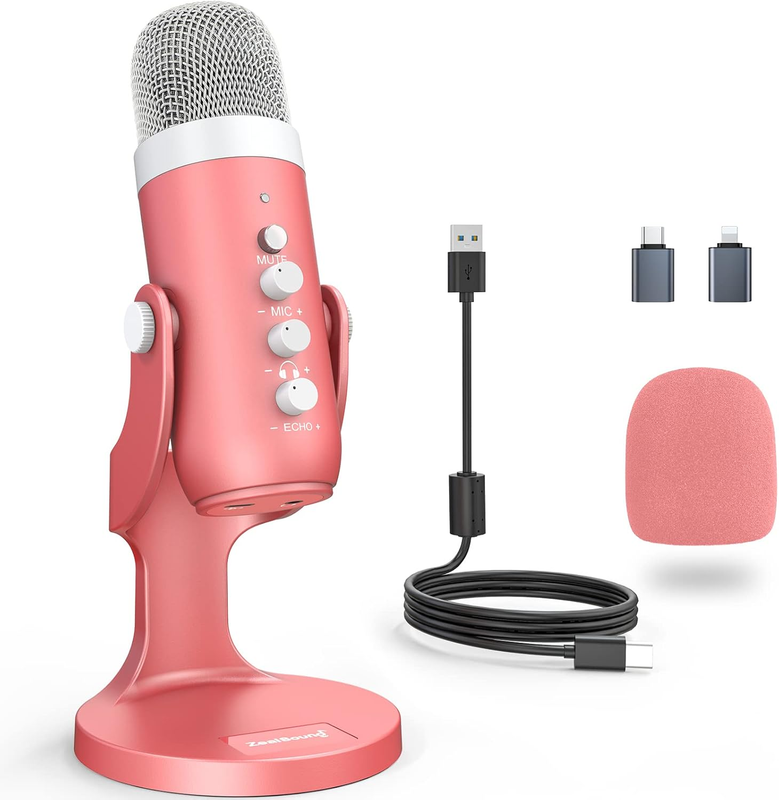 Pink USB Gaming Mic w/ Quick Mute, Echo, Monitor Volume PC Phone K669