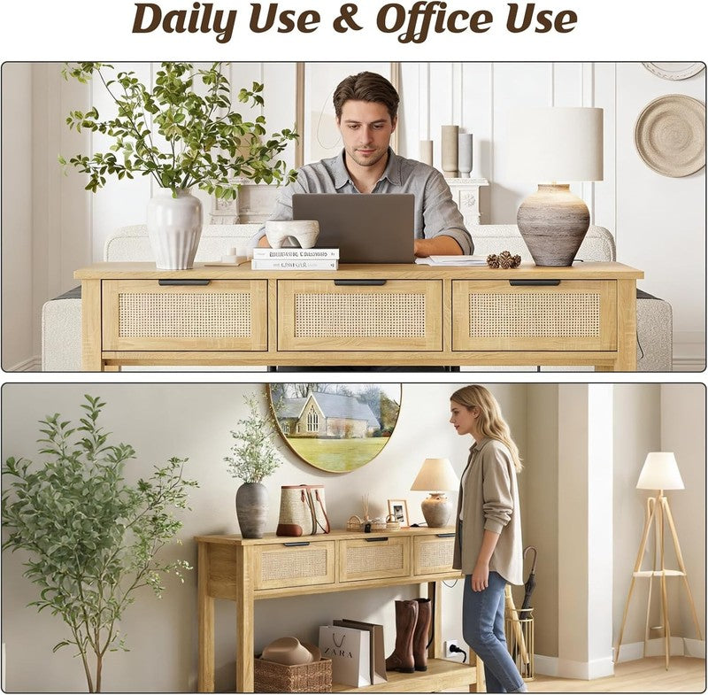 47'' Entryway Console Table Natural with USB-C & Outlets 3 Rattan Drawers7