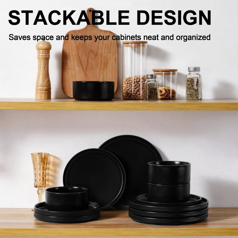 Dinnerware Set for 4, 12 Piece Premium Stoneware Ribbed Dishes, Chip & Scratch R6