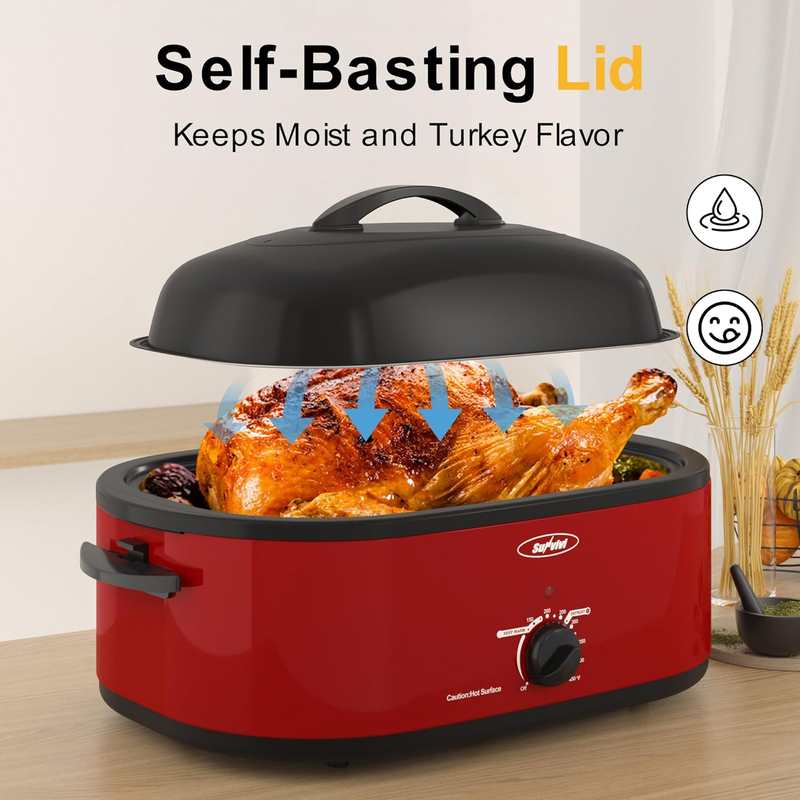 20Qt Electric Roaster Oven Stainless Steel Red Removable Pan & Rack3