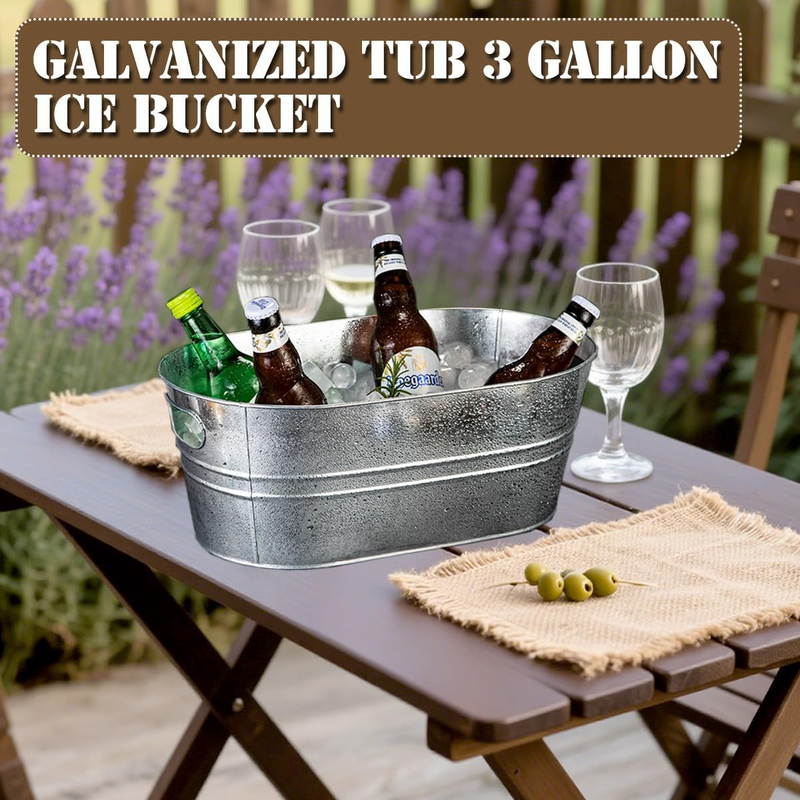 2 Pack Galvanized Ice Buckets 3 Gallon Metal Tub w/ Handles Party Beer Wine1