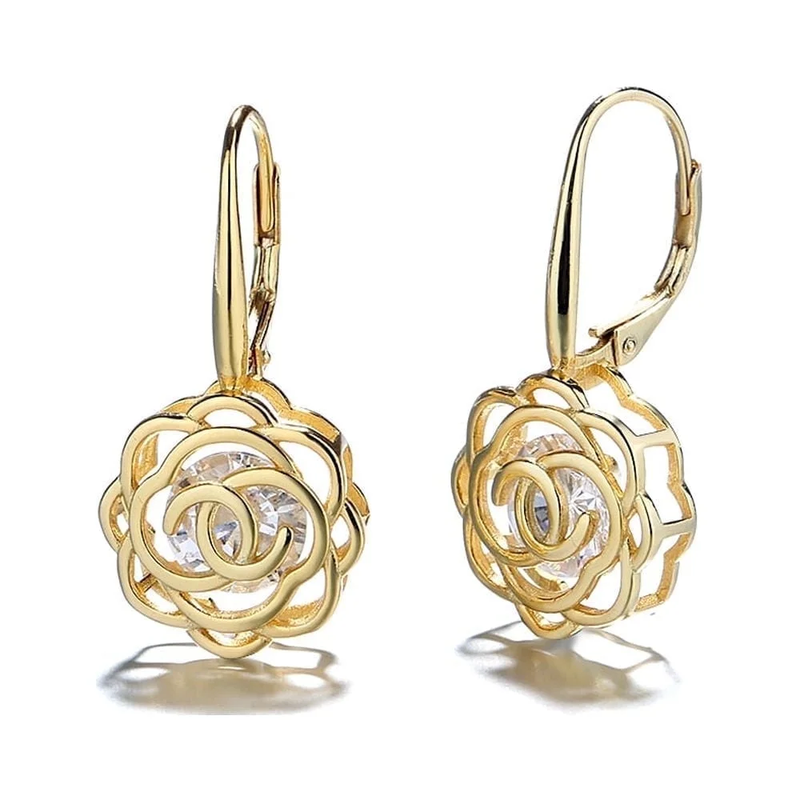 14K Yellow Gold Plated Caged with Crystals Rose Lever Back Earrings10