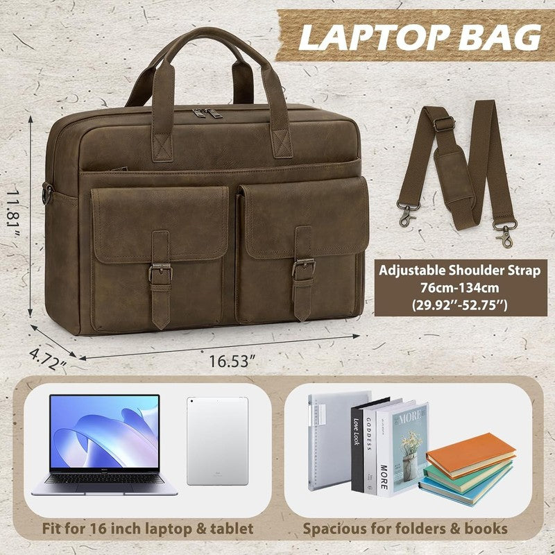 Mens Messenger Bag 16in Leather Laptop Briefcase Vintage Satche Dark Brown3