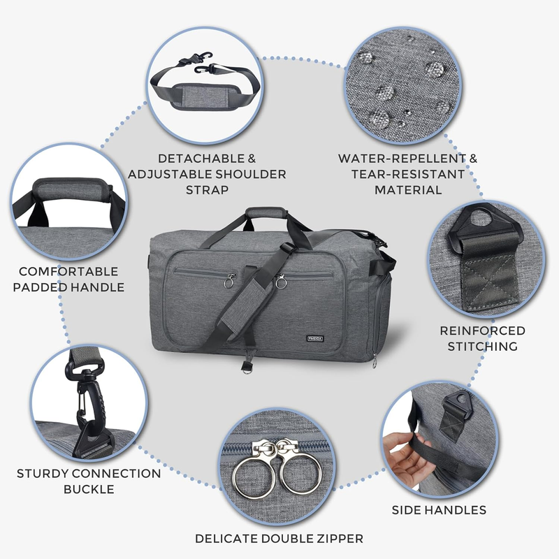 65L Travel Duffel Bag Foldable w/ Shoe Compartment Water Resistant Gray5