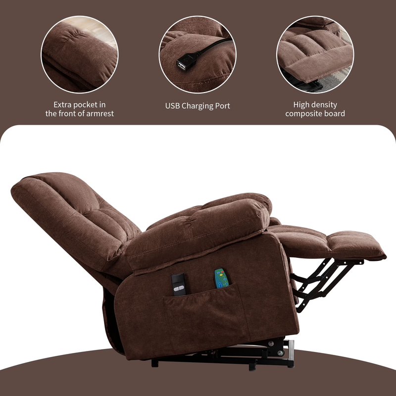 Power Lift Recliner Chair Heat Massage USB Port Infinite Position Brown2