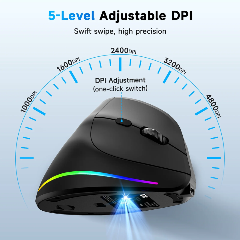 Ergonomic Vertical Wireless Mouse Rechargeable 4800 DPI RGB Silent Black3